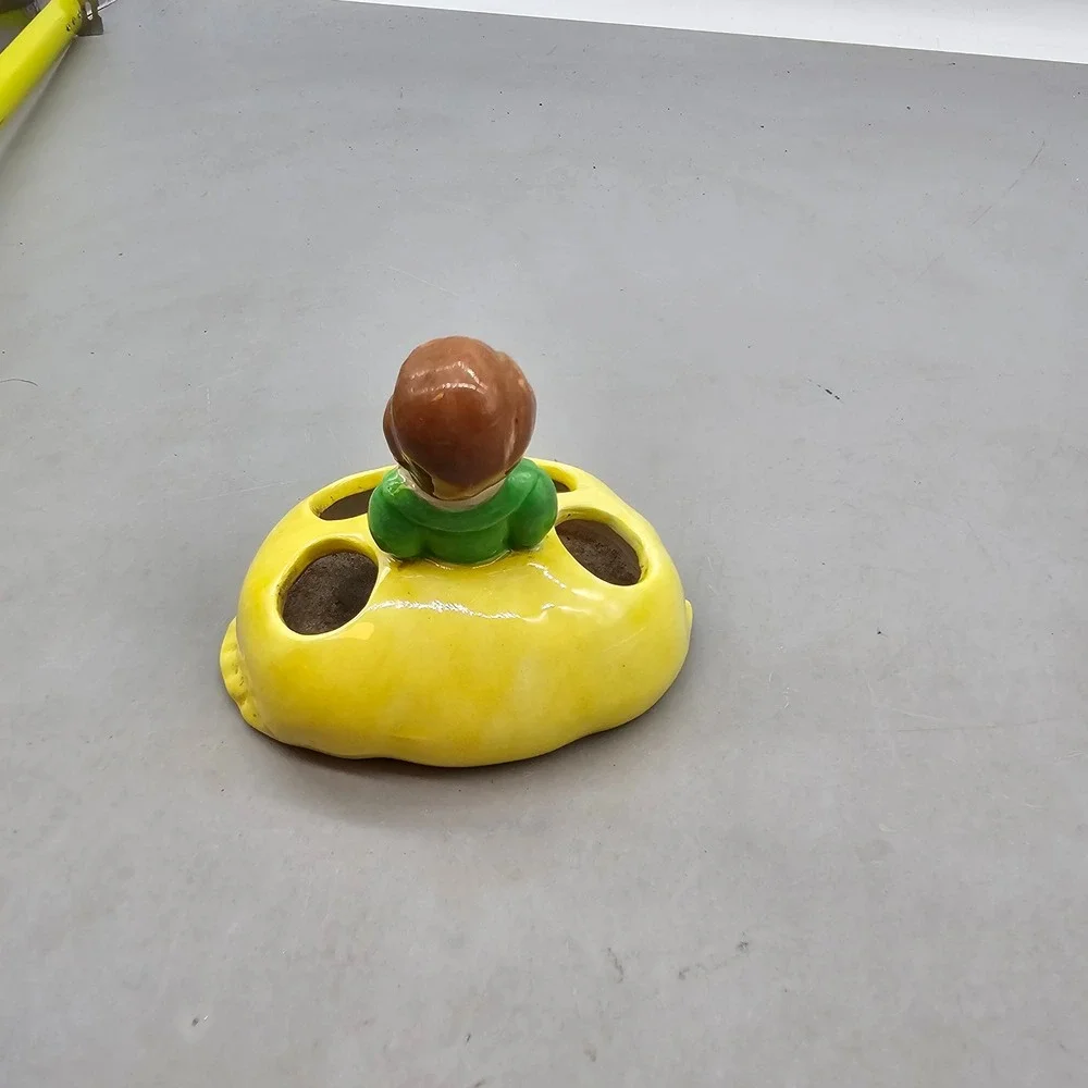 Vintage 1974 Lana Signed Ceramic Girl Flower Frog Figurine Yellow Green Dress